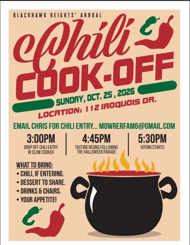 Official flyer for the Blackhawk Heights Annual Chili Cook-Off on October 25, 2026