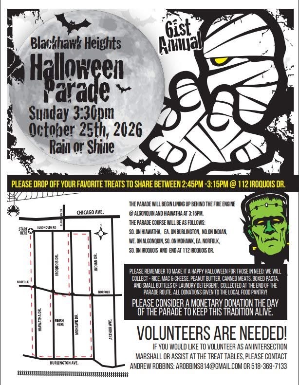 Official flyer for the 61st Annual Blackhawk Heights Halloween Parade on October 25, 2026
