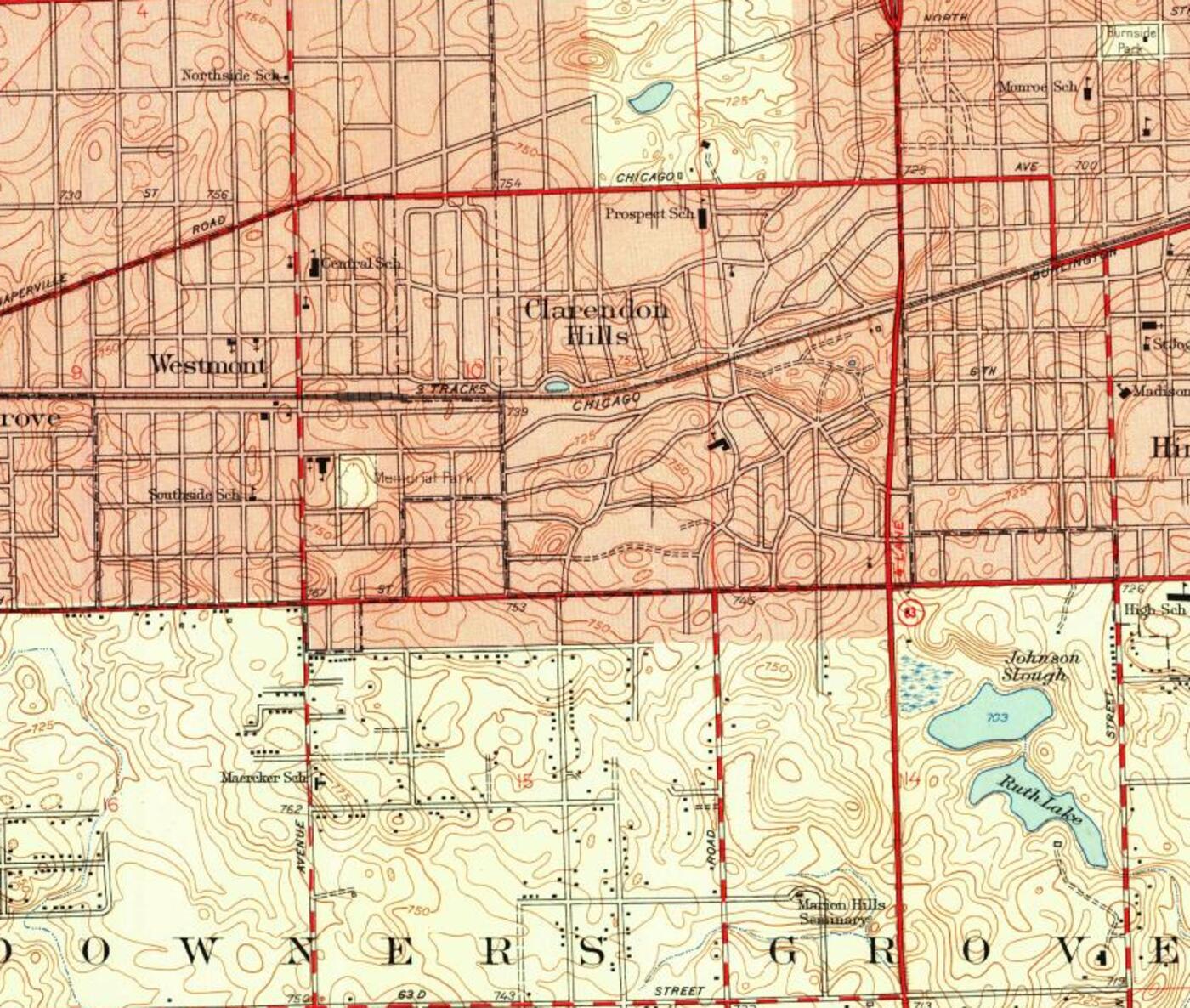 Detail from the 1953 USGS Hinsdale quadrangle showing Clarendon Hills and Westmont