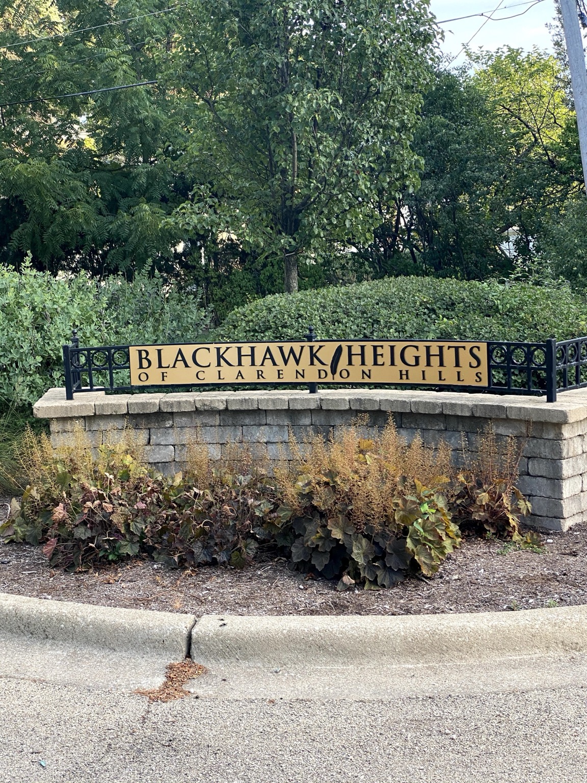 Blackhawk Heights of Clarendon Hills neighborhood entrance sign surrounded by mature trees